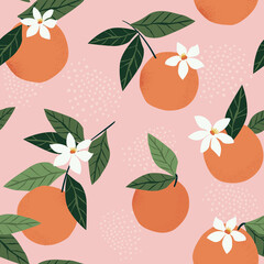 Wall Mural - Tropical seamless pattern with oranges on a pink background. Fruit repeated background. Vector bright print for fabric or wallpaper.