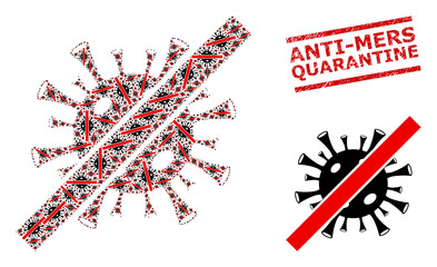 Recursive mosaic forbidden coronavirus and Anti-Mers Quarantine scratched seal. Vector mosaic is created with recursive forbidden coronavirus icons.