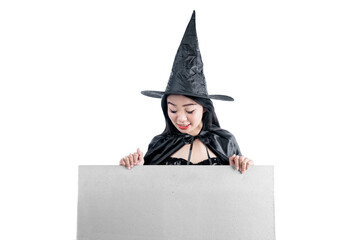 Sticker - Asian witch woman with hat standing with empty whiteboard