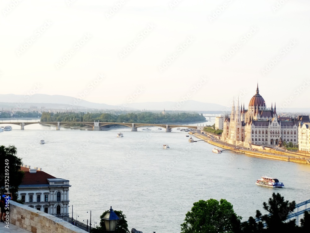 Panoramic view of Danube river and Budapest city from Buda Castle Hill ...