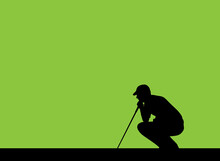 Silhouette Of A Male Golfer Crouching To Observe Undulations In The Green That Will Affect The Direction Of The Ball Before Putting, Vector Silhouette Isolated On Green Background.