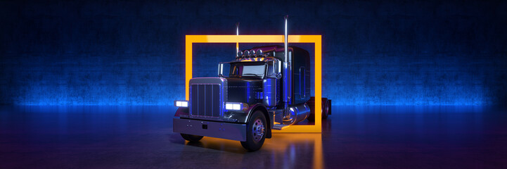 Wall Mural - Black heavy truck with yellow frame on black background. 3d rendering
