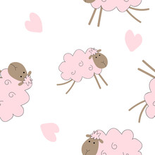 Seamless Pattern With Pink Sheep On A White Background. Print For Baby Fabric. Poster For Design.