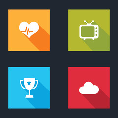 Sticker - Set Heart rate, Television tv, Trophy cup and Cloud icon. Vector.