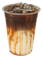 Wall Mural - Realistic plastic cup on white background. Isolated Mock up Cold beaverage di cut with cliping path. Template block with blank space. Iced fresh melt caramel cacchiato with fresh milk.