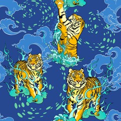 Wall Mural - tiger walking and tiger jumping in paradise Chinese illustration doodle tattoo decorate with cloud and thunder lighting with blue green color tone seamless pattern vector background for digital print