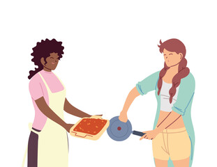 Poster - young women cooking with apron and a pot