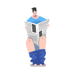 Sticker - Man Sitting on Toilet Bowl and Reading Newspaper, Daily Routine Hygienic Procedure Cartoon Style Vector Illustration