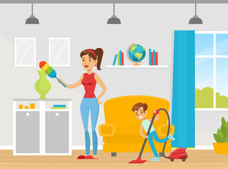 Poster - Family Cleaning House Together, Mom Holding Feather Duster, Boy Cleaning the Floor with Vacuum Cleaner, Housekeeping Concept Flat Vector Illustration