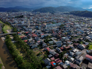 航空撮影した夏の高山市の街風景