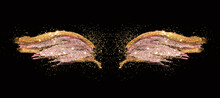 Golden Glitter On Abstract Gold And Pink Hand Painted Wings On Black Background