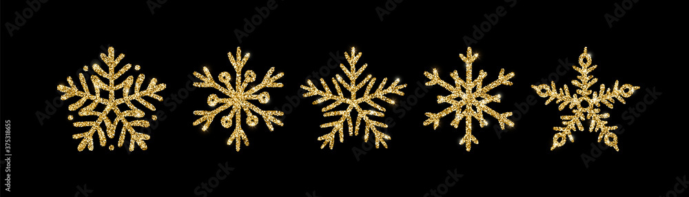 Gold glitter texture snowflake hand drawn icons set on black background ...