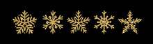 Gold Glitter Texture Snowflake Hand Drawn Icons Set On Black Background. Shiny Christmas, New Year And Winter Sparkling Golden Symbols For Print, Web, Decoration, Greeting Card. Vector Illustration.