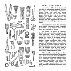 Hand drawn card template with hair styling tools including scissors, hair dryer, hair straightener, curling iron, comb, hairspray and others.Vector