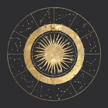 Chic Golden Luxurious Retro Vintage Engraving Style. Image Of The Sun And Moon Phases. Culture Of Occultism. Vector Graphics