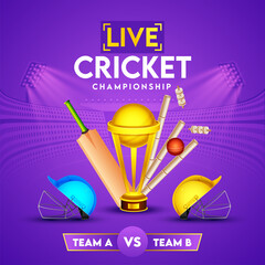 Sticker - Live Cricket Championship Poster Design with Golden Trophy Cup, Realistic Bat, Ball, Wicket and Helmets of Participant Team A & B on Purple Stadium Background.