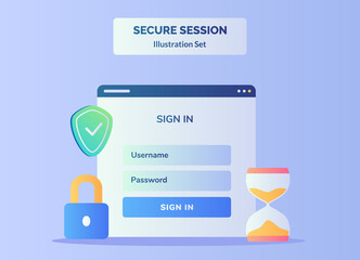 Secure session illustration set display ui on computer screen for sign in user name password background of shield padlock hourglass with flat color style