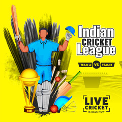 Sticker - Cartoon Batsman Character in Winning Pose with Red Ball Hit Wicket, Trophy Cup and Black Brush Halftone Effect on Yellow Background for Indian Cricket League.