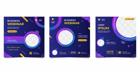 Collection of social media post templates. Vector graphics of dark blue and purple background, perfect for business webinars