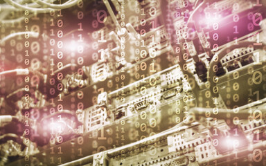 Wall Mural - binary code matrix digital internet technology concept on server room background.