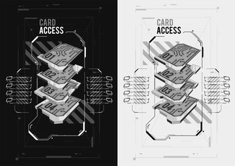 Biometric Access Control System Cards in hud style. Electronic modern system for opening, closing, lock and unlock doors. Touch sensor. System safety, protection.