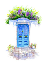  Old Blue Garden Gate.  Watercolor Illustration Isolated On White. 