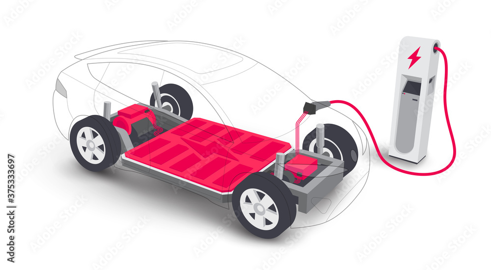 Electric car charging battery modular platform board scheme charger station. Electric skateboard module chassis components battery pack, motor powertrain, controller. Isolated vector illustration. - obrazy, fototapety, plakaty 