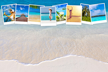 Wall Mural - collection of photographs of moments on vacation in a paradise island, concept of travel and vacation. In the background, a closeup of a beach of soft sand bathed by transparent waves