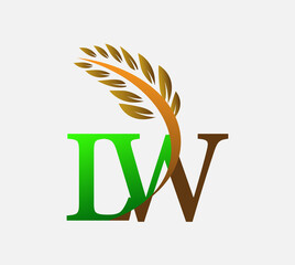 initial letter logo lw, agriculture wheat logo template vector icon design colored green and brown.