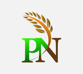 initial letter logo PN, Agriculture wheat Logo Template vector icon design colored green and brown.