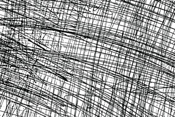 Wall Mural - Grunge texture of hand-drawn chaotic doodles. Monochrome background of randomly intersecting straight and curved lines with spots and noise.