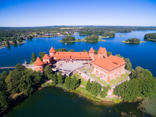 Wall Mural - Aerial view of beautiful Gothic style red brick castle on an island on Galve Lake, Trakai, Lithuania