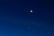 Crescent Moon And Stars In Dark Blue Sky
