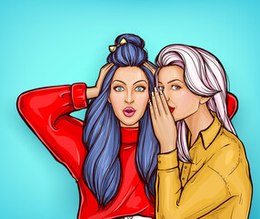 Poster - Pop art girl whispering gossip or secret to her friend with surprise face. The woman is shocked. Colorful vector illustration in pop art retro comic style.