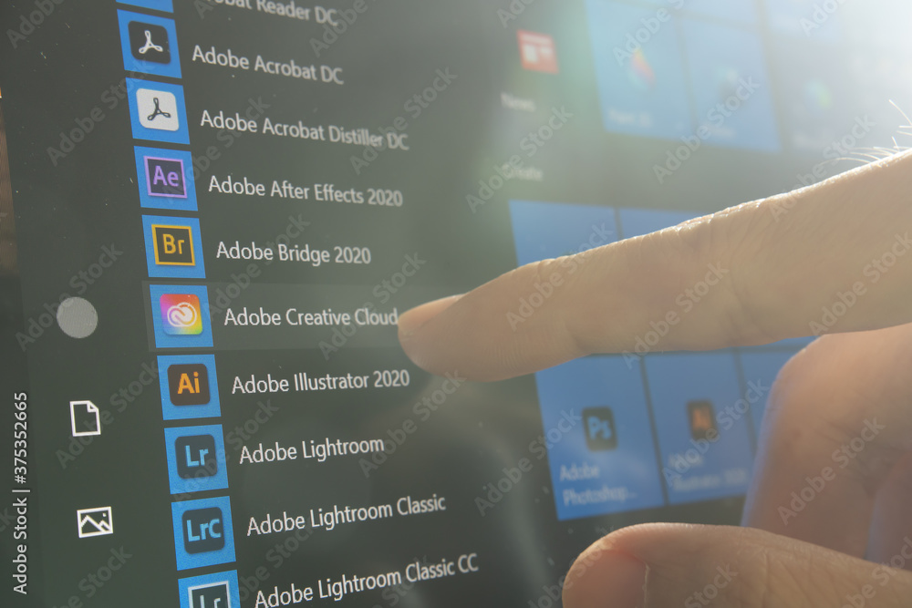 Bangkok, Thailand - September 1, 2020 : Adobe Creative Cloud app icons on Microsoft Windows 10.