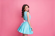 Profile photo of attractive chic wavy lady students event festive party toothy smile prom queen posing photographing wear turquoise blue prom mini dress isolated pastel pink color background