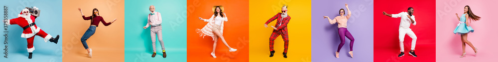 Multiple montage full body collage eight excited people different age race ladies guys good mood friendship free time rejoicing fall winter spring summer vibes disco isolated colorful background - obrazy, fototapety, plakaty 