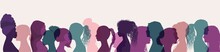 Silhouette Group Of Multiethnic Women Who Talk And Share Ideas And Information. Women Social Network Community. Communication And Friendship Women Or Girls Of Diverse Cultures. Speak