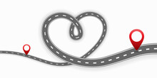 GPS Pin Pointers On The Road Heart Shaped. Cartoon Vector Illustration