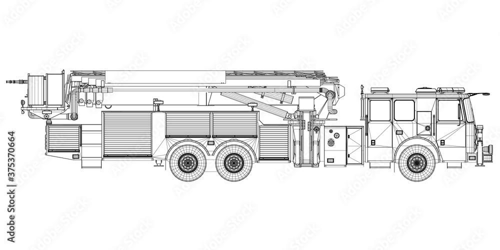 Wire Frame Fire Engine Fire truck wireframe from black lines isolated on white background ...