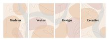 Set Of Stylish Templates With Organic Abstract Shapes And Line In Nude Colors. Pastel Background In Minimalist Style. Contemporary Vector Illustration