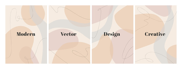 Set of stylish templates with organic abstract shapes and line in nude colors. Pastel background in minimalist style. Contemporary vector Illustration