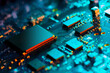 Electronic circuit board with electronic components such as chips close up. Blurry background.	
