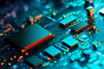 Wall Mural - Electronic circuit board with electronic components such as chips close up. Blurry background.	
