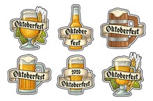 Set Different Glasses Beer With Ribbon. Vector Engraving Color Vintage