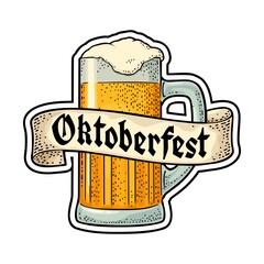 Wall Mural - Glass beer with ribbon. Vector engraving color vintage. OktoberFest gothic lettering.