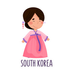 Wall Mural - Smiling Girl Wearing National Costume of South Korea Vector Illustration