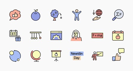 Wall Mural - Newton's Day Set Line Vector Icon. Contains such Icons as Newton, Laws of physics and gravity, Flying Apple, Calendar, Teacher, blackboard and projector Editable Stroke. 32x32 Pixel Perfect
