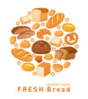 Vector illustration of fresh bread icons. Bakery pastry products . Whole grain bread, sliced bread, french baguette, croissant, cupcake, rye bread and pretzel for design menu bakery.