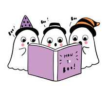 Cartoon Cute Halloween Day, Ghosts Reading Book Vector.